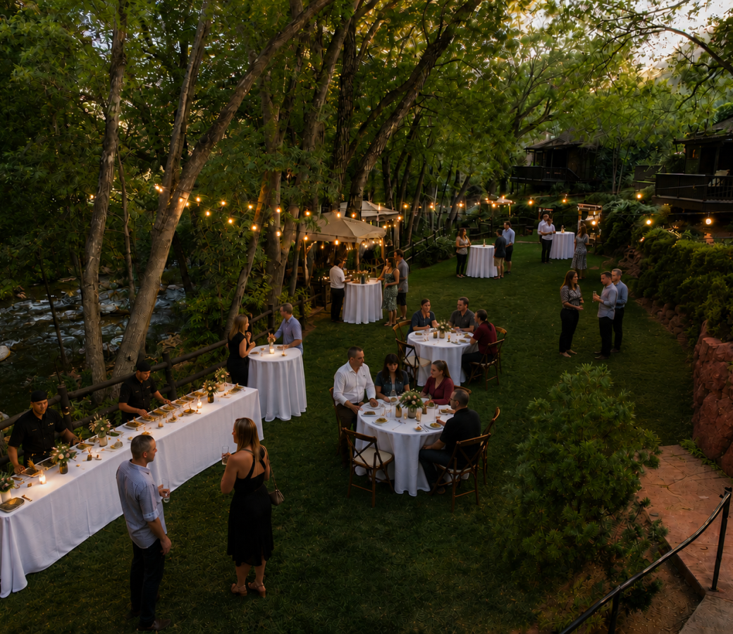 Beer Dinner on Cottageside Lawn with cocktail tables and food stations along the creek