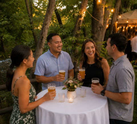 Beer Dinner on Cottageside Lawn with 4 guests at a cocktail table along the creek with beer glasses
